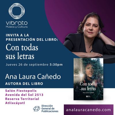 Invitación a presentación del libro con todas sus letras en el salón vibrato